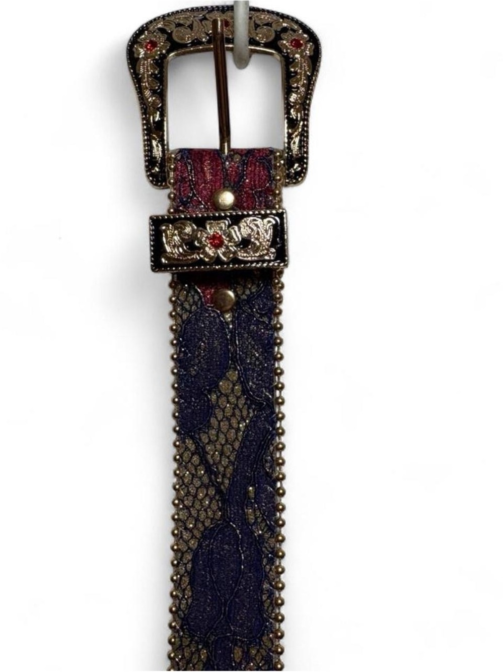 Vintage Ornate Gold Beaded & Lace-Covered Leather Belt - Picture 3 of 8